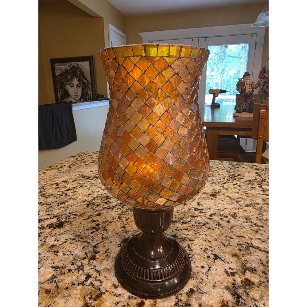Kohls Mosaic Hurricane Vase Candle Holder Amber Rust Glass Black Base NWOT